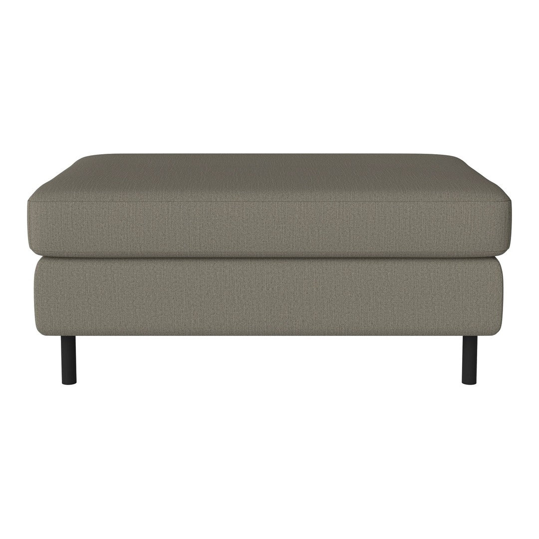Gray textured ottoman with a sleek design and black legs, perfect for modern living spaces.