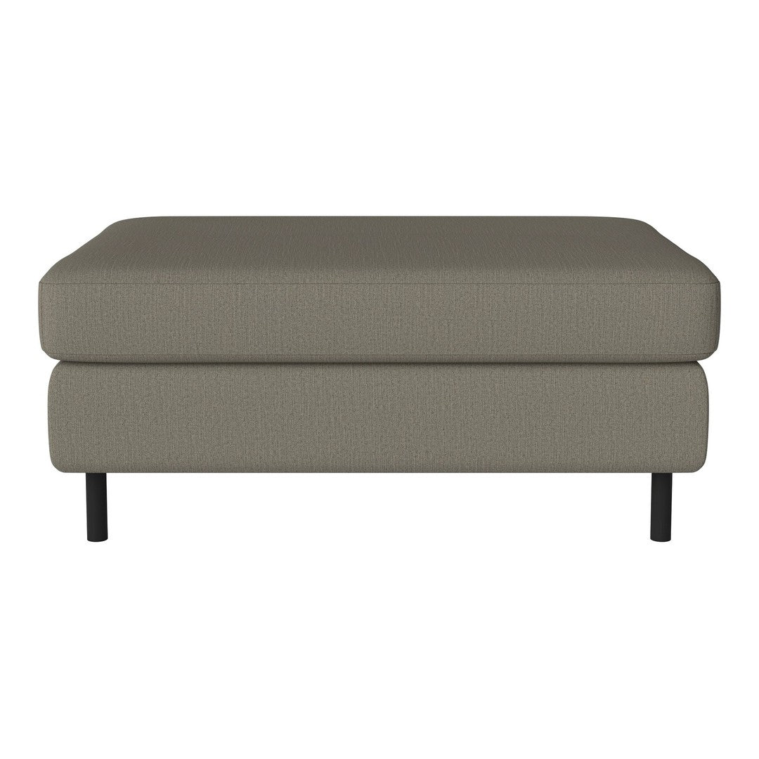 Gray upholstered ottoman with a textured pattern and sleek black legs, perfect for modern decor.