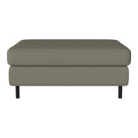 Gray upholstered ottoman with a textured pattern and sleek black legs, perfect for modern decor.
