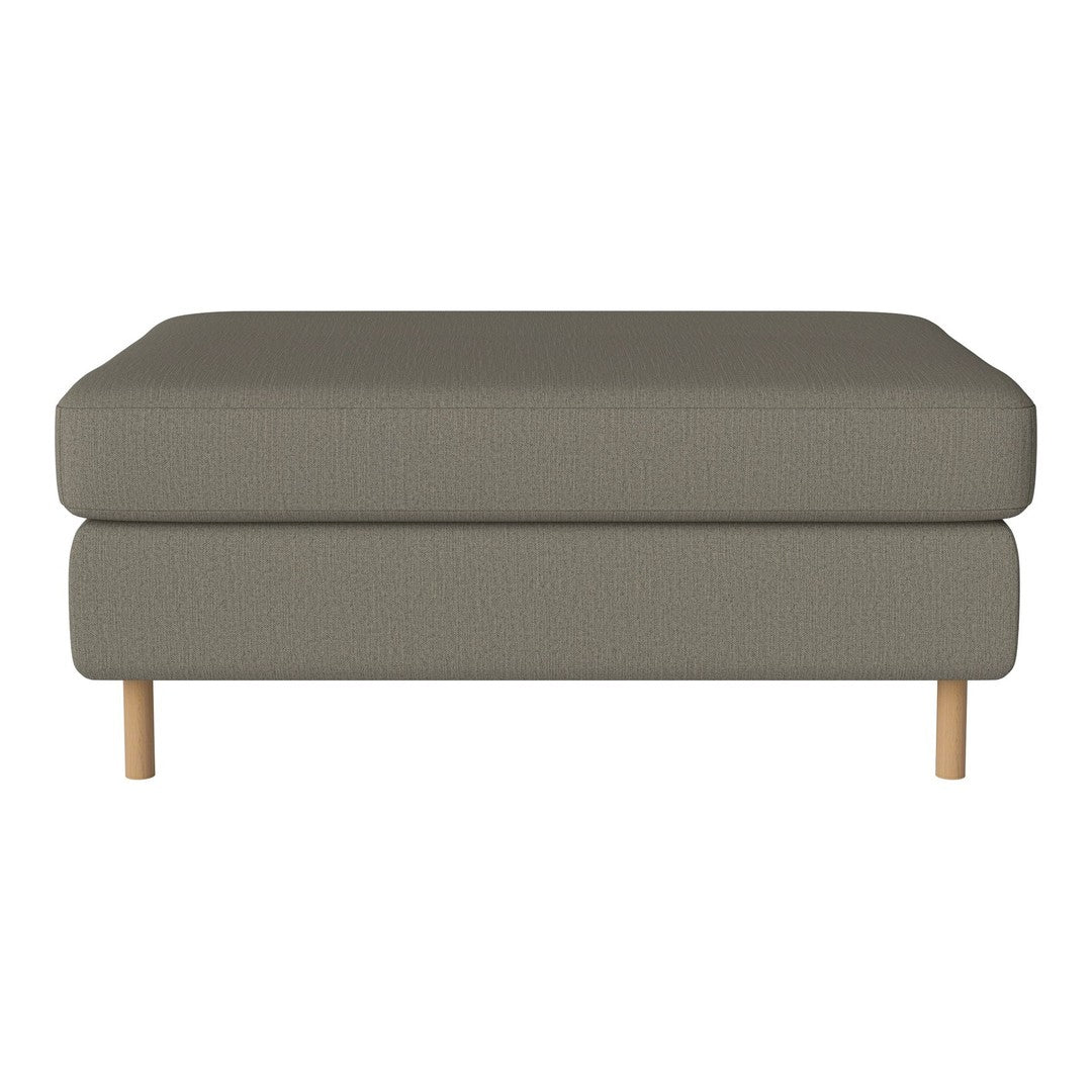 Gray upholstered ottoman with a textured pattern and light wooden legs. Stylish and modern accent for any space.