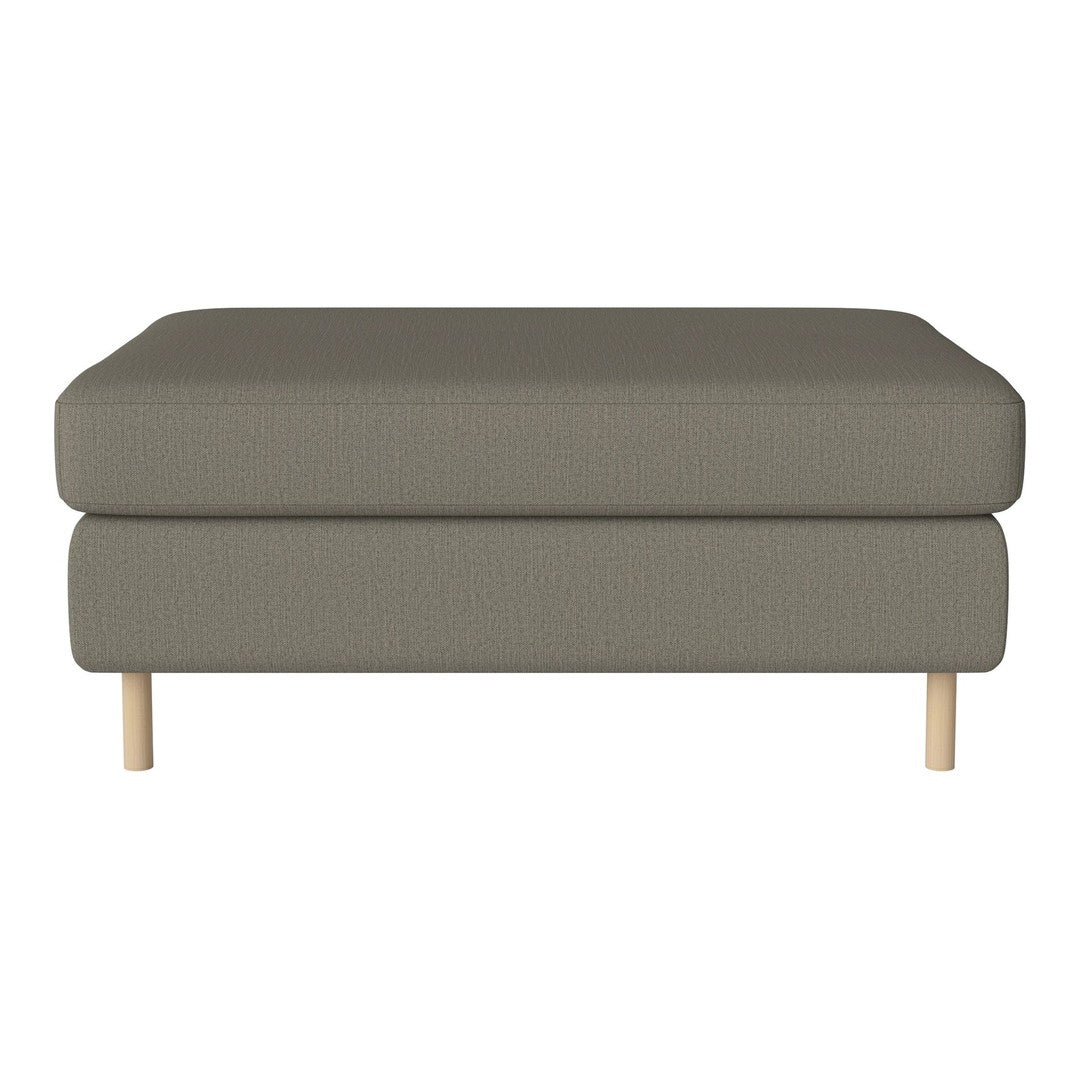 Gray upholstered ottoman with a textured pattern and light wooden legs. Stylish and versatile for any room.