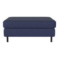 Navy blue upholstered ottoman with a textured pattern and black metal legs. Versatile and modern design for any decor.