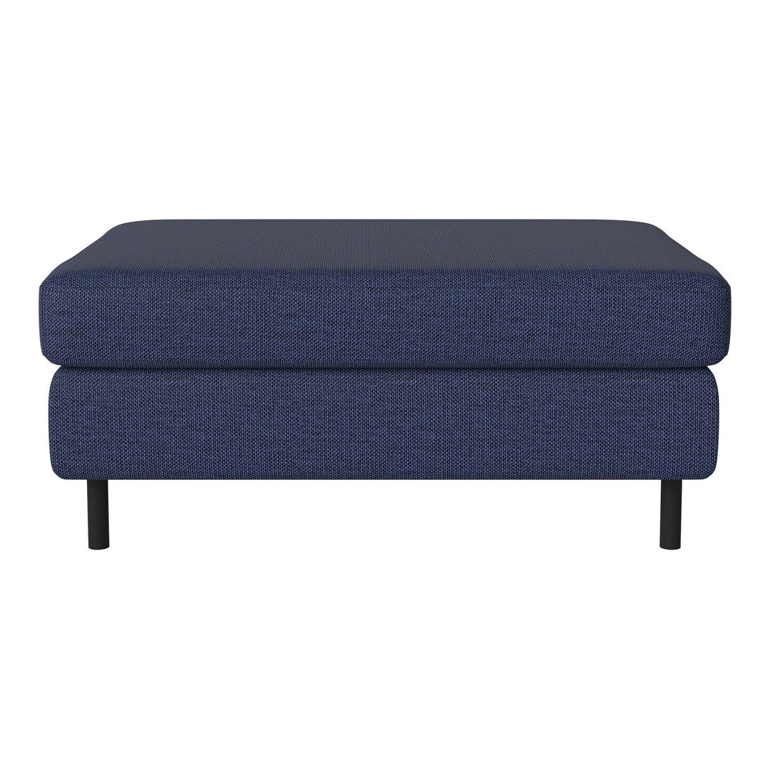 Navy blue upholstered ottoman with a textured fabric and sleek black legs, perfect for modern living spaces.
