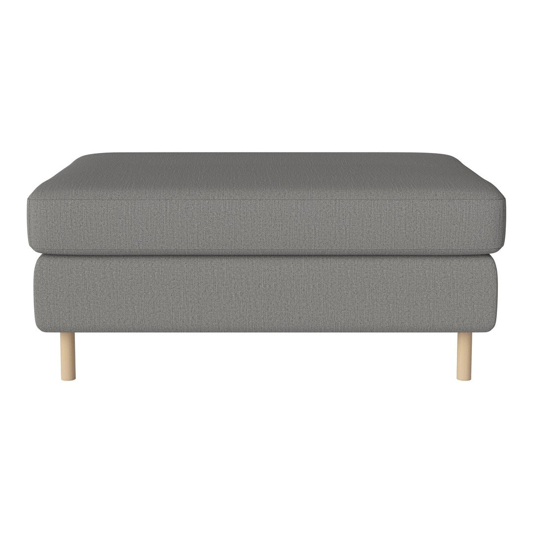 Gray upholstered ottoman with a textured pattern and light wooden legs. Modern and versatile design for any space.