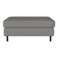 Stylish gray ottoman with textured fabric and sleek black legs, perfect for modern living spaces.