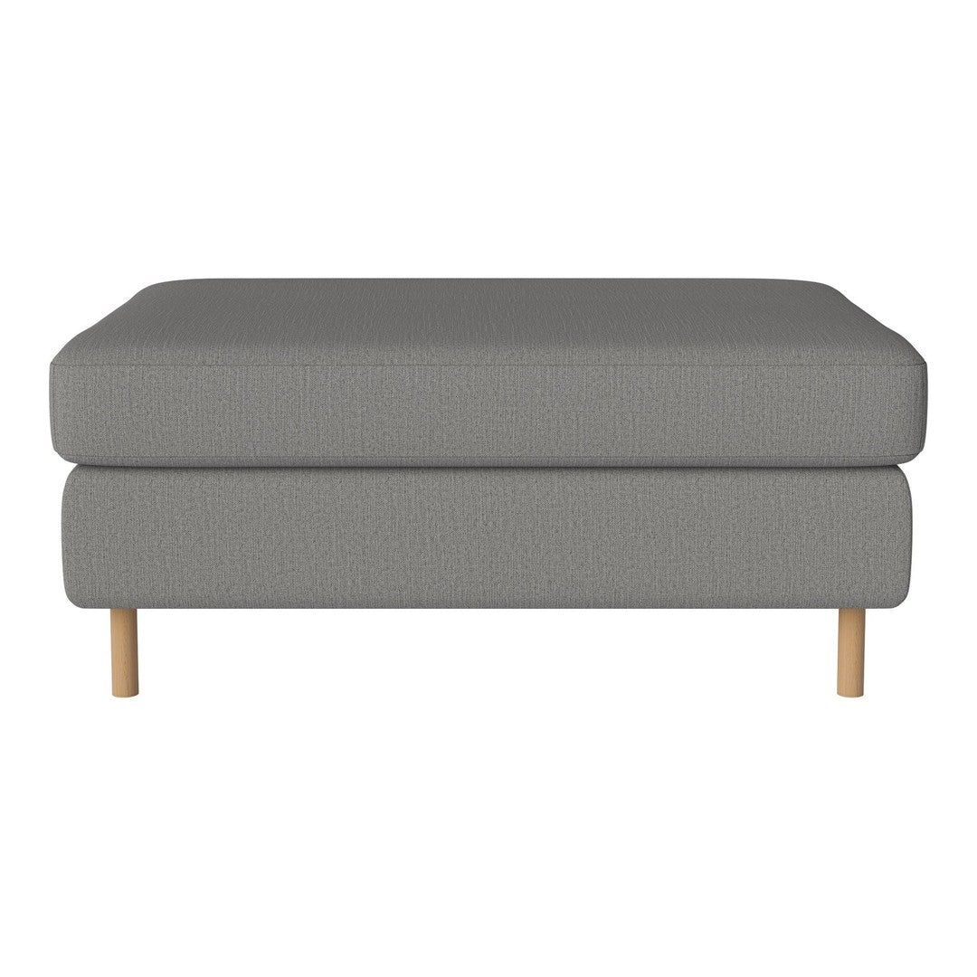 Gray upholstered ottoman with a textured pattern and light wooden legs, adding modern style to any space.