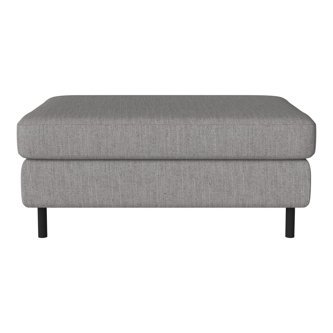 Soft gray upholstered ottoman with a textured pattern and sleek black legs. Perfect for modern living spaces.