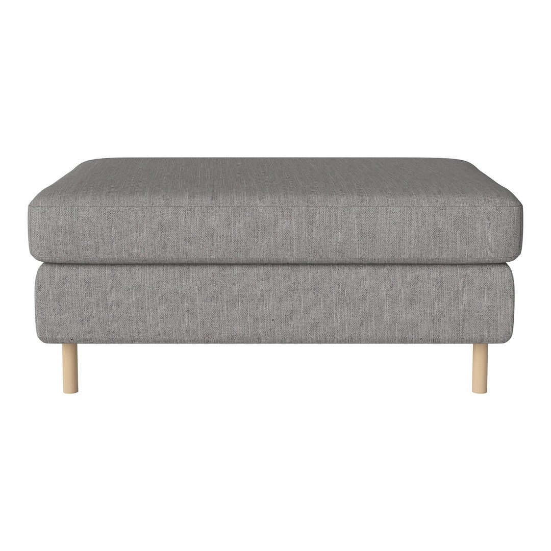 Gray upholstered ottoman with a smooth texture and minimalist design, featuring natural wood legs.