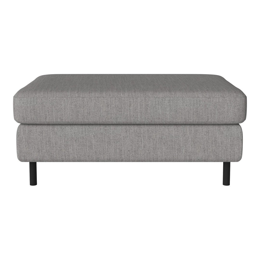 Grey upholstered ottoman with a textured fabric pattern and sleek black legs, ideal for modern decor.