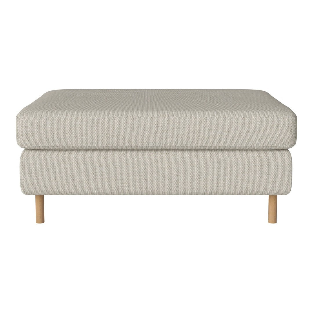 Light beige upholstered ottoman with a smooth texture and natural wooden legs, perfect for modern decor.