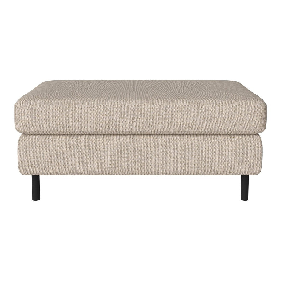 Beige upholstered ottoman with a smooth surface and black metal legs, perfect for modern interiors.