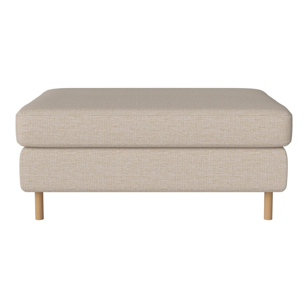 Beige fabric ottoman with a smooth surface and natural wood legs, ideal for modern living spaces.