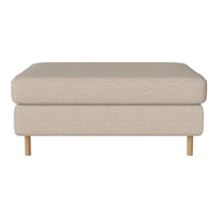 Beige upholstered ottoman with a smooth texture and light wooden legs, perfect for modern decor.