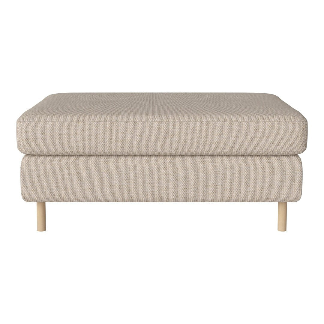 Beige upholstered ottoman with a smooth fabric texture and light wooden legs, perfect for modern decor.