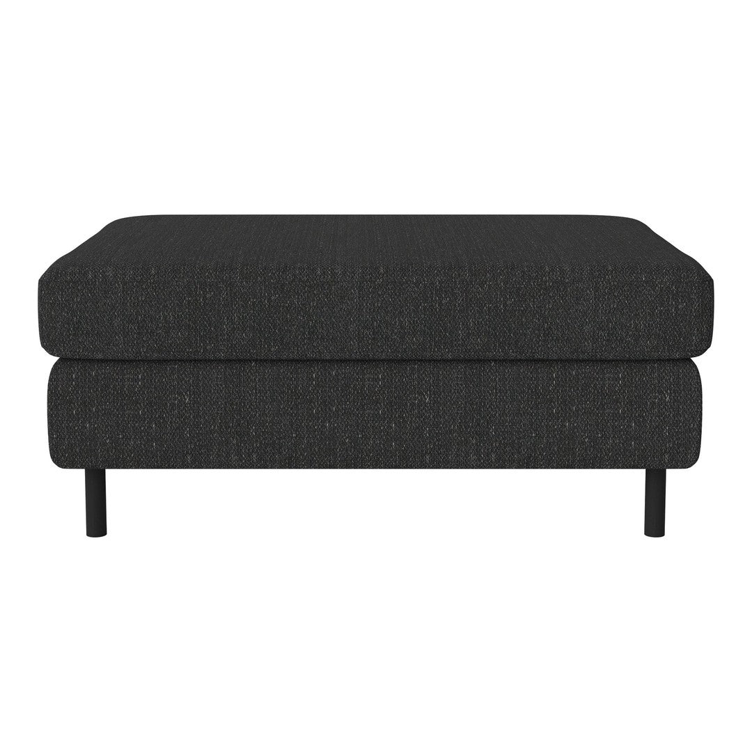Black upholstered ottoman with a textured pattern and sleek black legs. Modern design for any room decor.