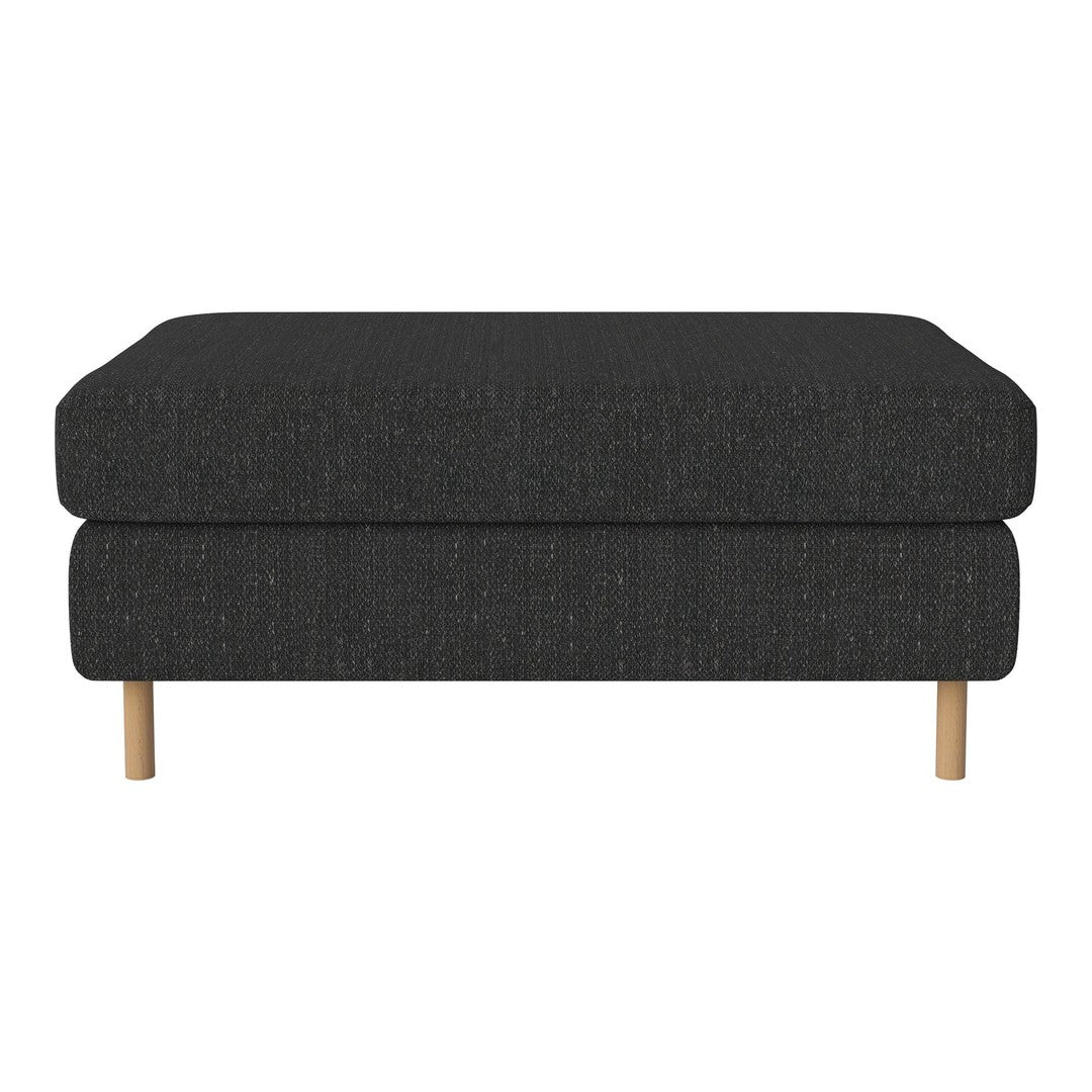 Dark gray upholstered ottoman with a smooth texture and wooden legs, showcasing minimalist design.