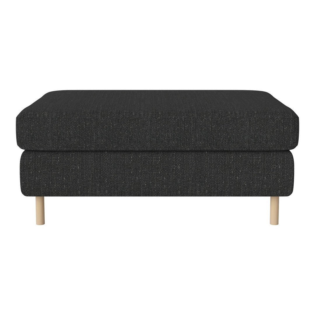 Black textured ottoman with minimalist design and light wooden legs, perfect for modern living spaces.