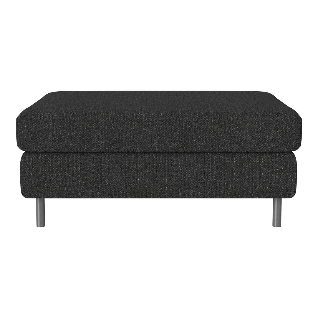 Black upholstered ottoman with a textured pattern and sleek metal legs. Perfect for modern living spaces.