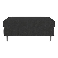 Black upholstered ottoman with a textured pattern and sleek metal legs. Perfect for modern living spaces.