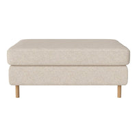 Beige upholstered ottoman with a textured pattern, featuring natural wood legs for a modern look.