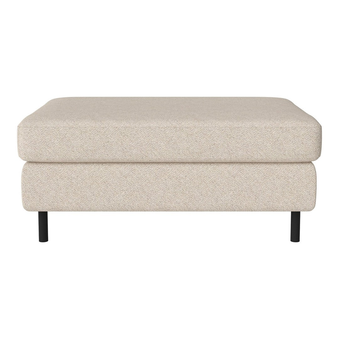 Neutral beige upholstered ottoman with a textured surface and sleek black legs, offering a clean, modern aesthetic.