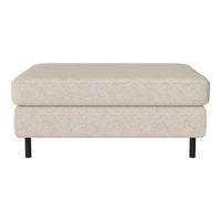 Neutral beige upholstered ottoman with a textured surface and sleek black legs, offering a clean, modern aesthetic.