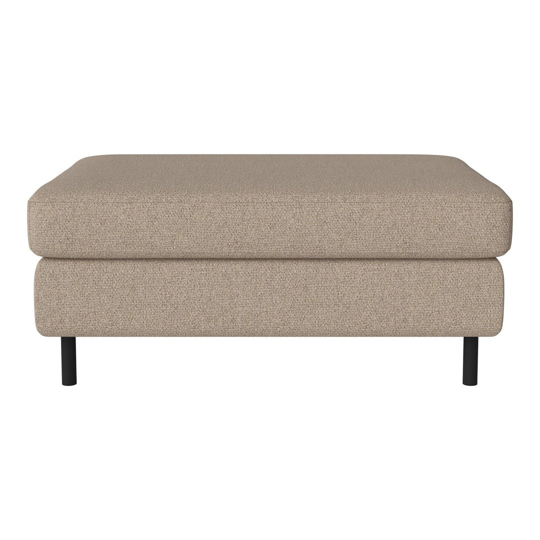 Beige upholstered ottoman with a smooth texture and black metal legs, perfect for stylish and modern décor.