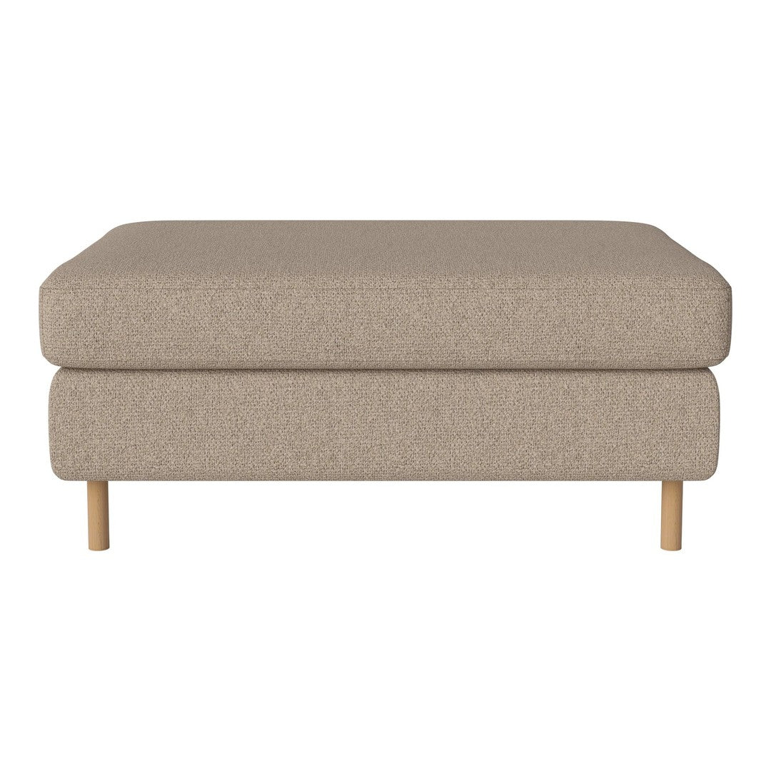 Beige upholstered ottoman with a smooth texture and natural wooden legs. Perfect for cozy interiors.