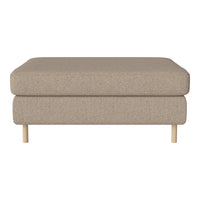 Beige upholstered ottoman with a smooth texture and light wood legs. Simple, modern design ideal for any decor.