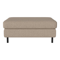 Beige upholstered ottoman with a simple, modern design and black metal legs. Soft texture without patterns.