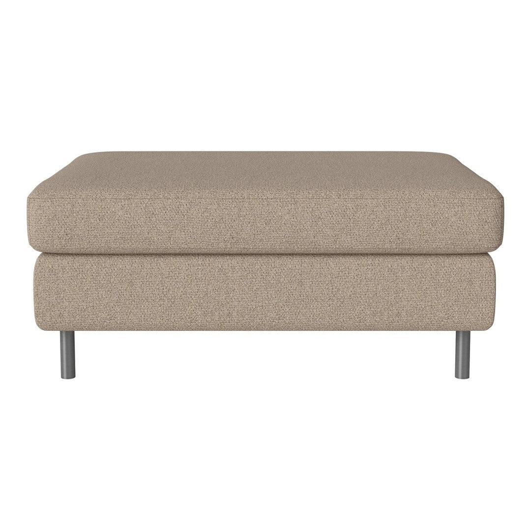 Beige upholstered ottoman with a smooth texture and minimalist design, featuring sleek metal legs.