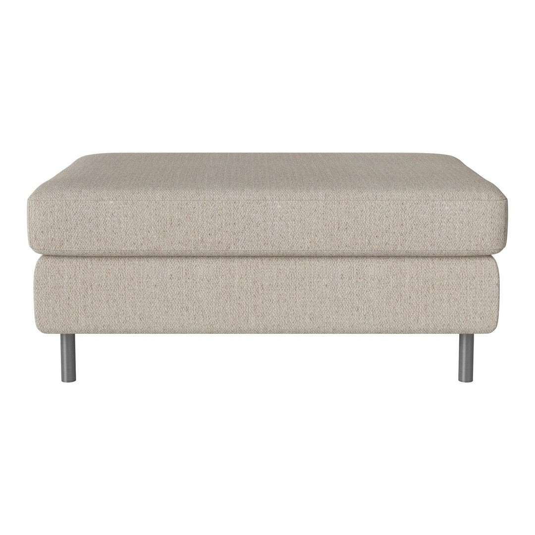 Beige upholstered ottoman with a textured pattern and sleek metallic legs for a modern touch.