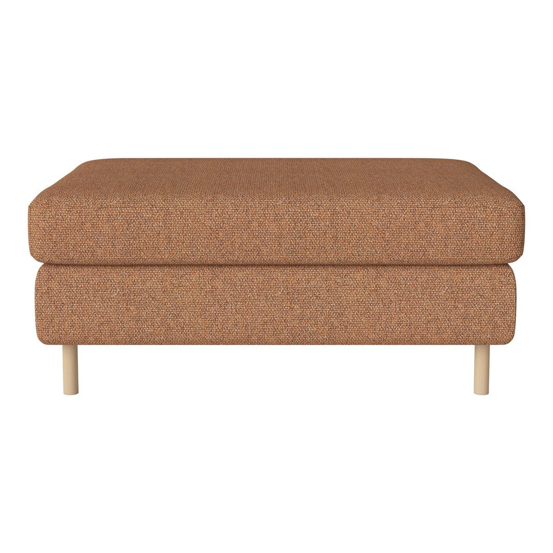 Stylish ottoman in warm brown fabric, featuring a textured pattern with light wood legs for a modern touch.