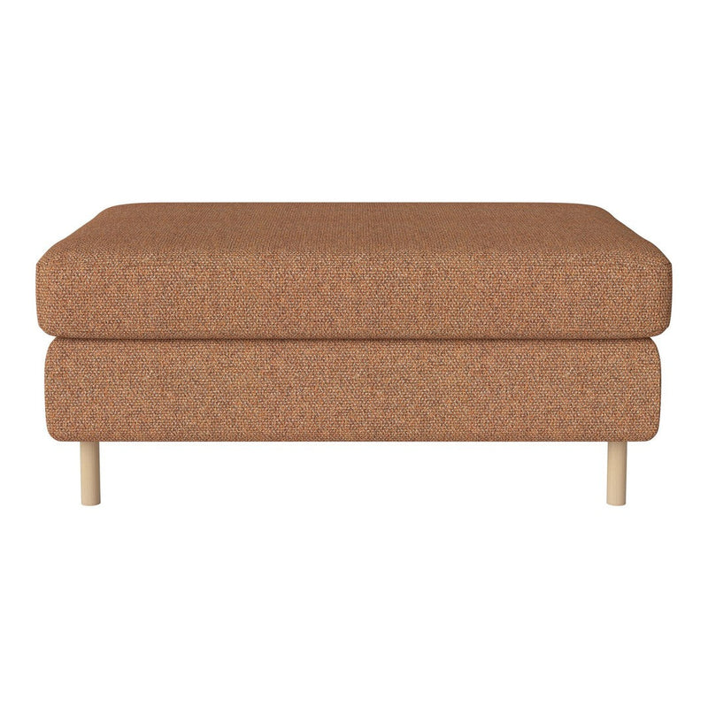 Stylish ottoman in warm brown fabric, featuring a textured pattern with light wood legs for a modern touch.