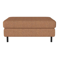 Brown textured ottoman with a minimalist design and black legs, perfect for contemporary living spaces.