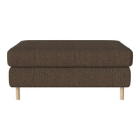 Brown upholstered ottoman with a textured fabric and light wooden legs, perfect for modern living spaces.