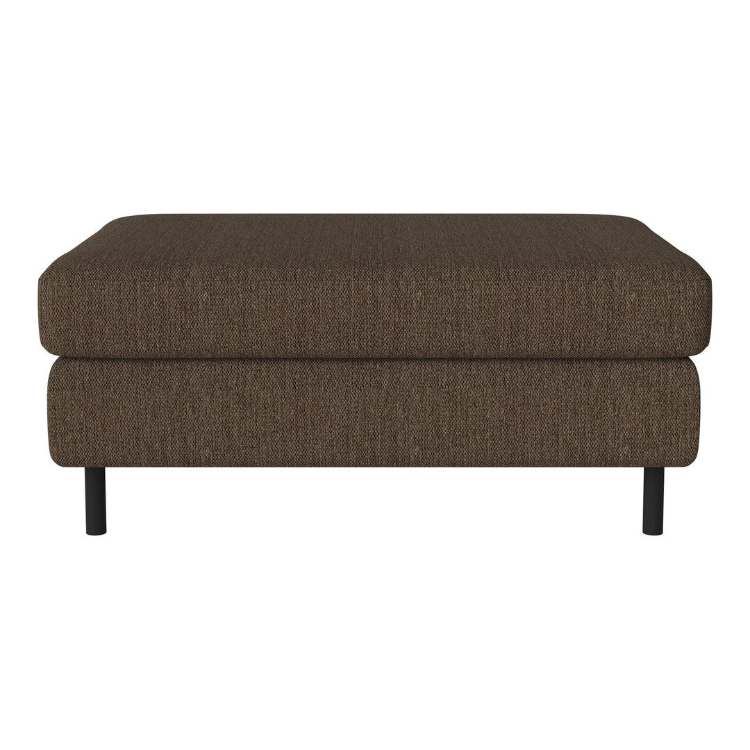 Brown textured ottoman with a sleek design, featuring a solid color and minimalist black legs.