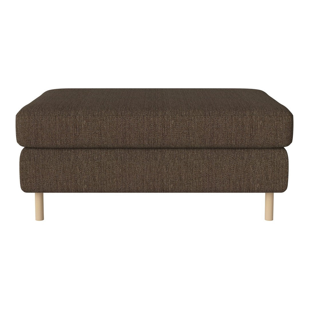 Brown textured ottoman with a simple design and light wooden legs. Perfect for stylish home decor.