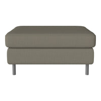 "Modern square ottoman in muted olive green, featuring a smooth textured fabric and sleek metal legs."