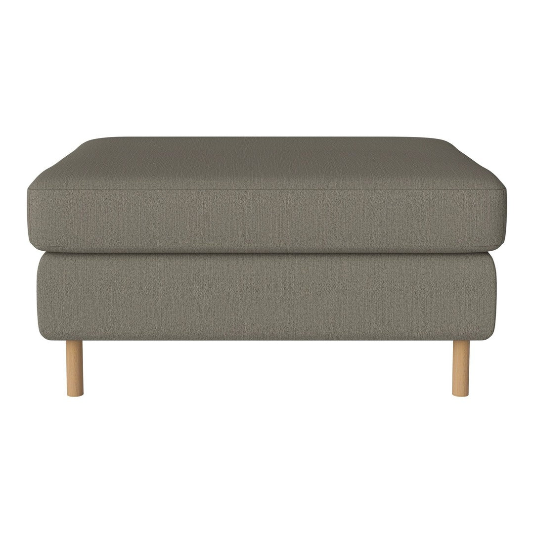 Gray upholstered ottoman with a textured finish and light wooden legs, ideal for modern living spaces.