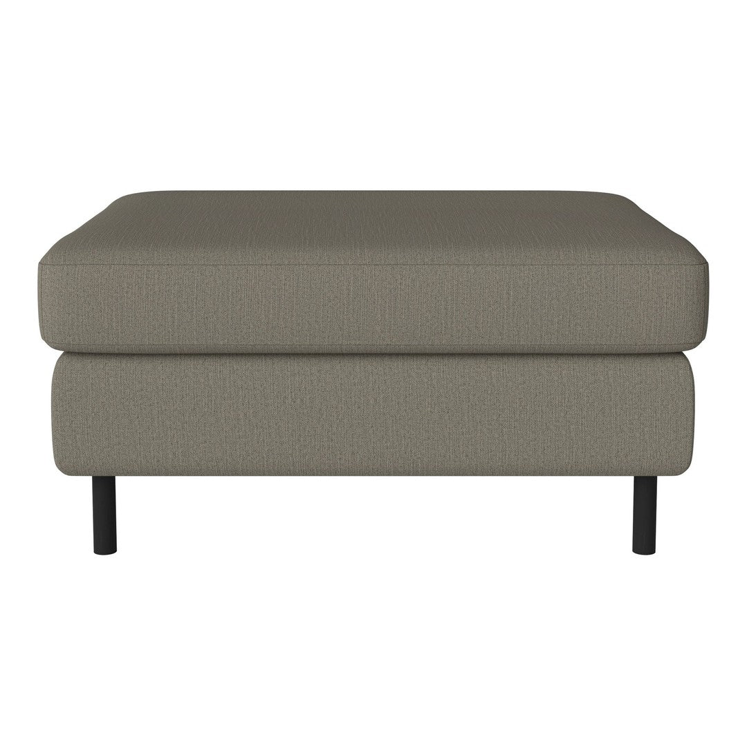 Taupe fabric ottoman with a smooth texture and minimalist design, featuring black metal legs for a modern touch.