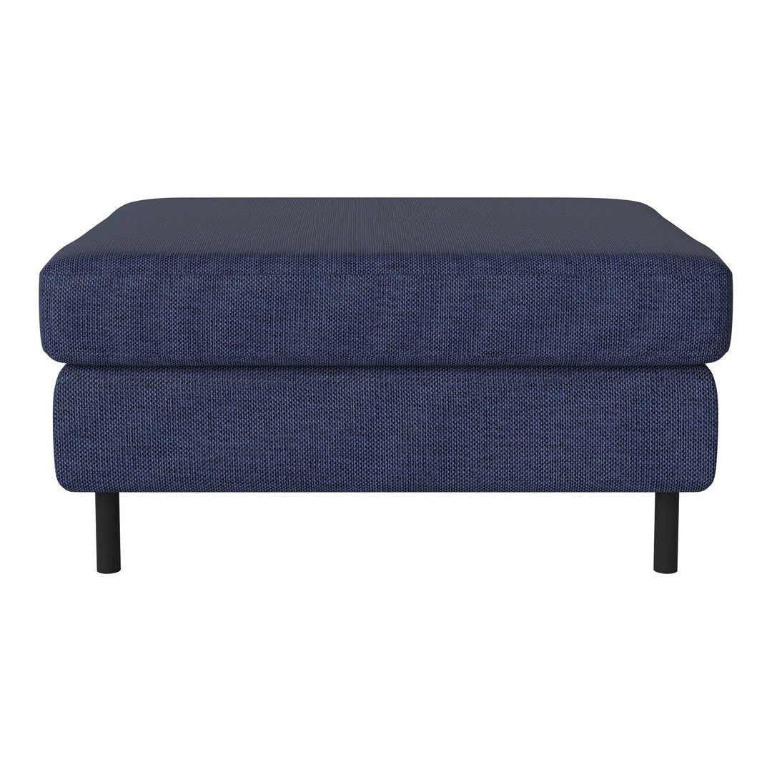 Navy blue upholstered ottoman with a textured pattern and sleek black legs, perfect for modern decor.