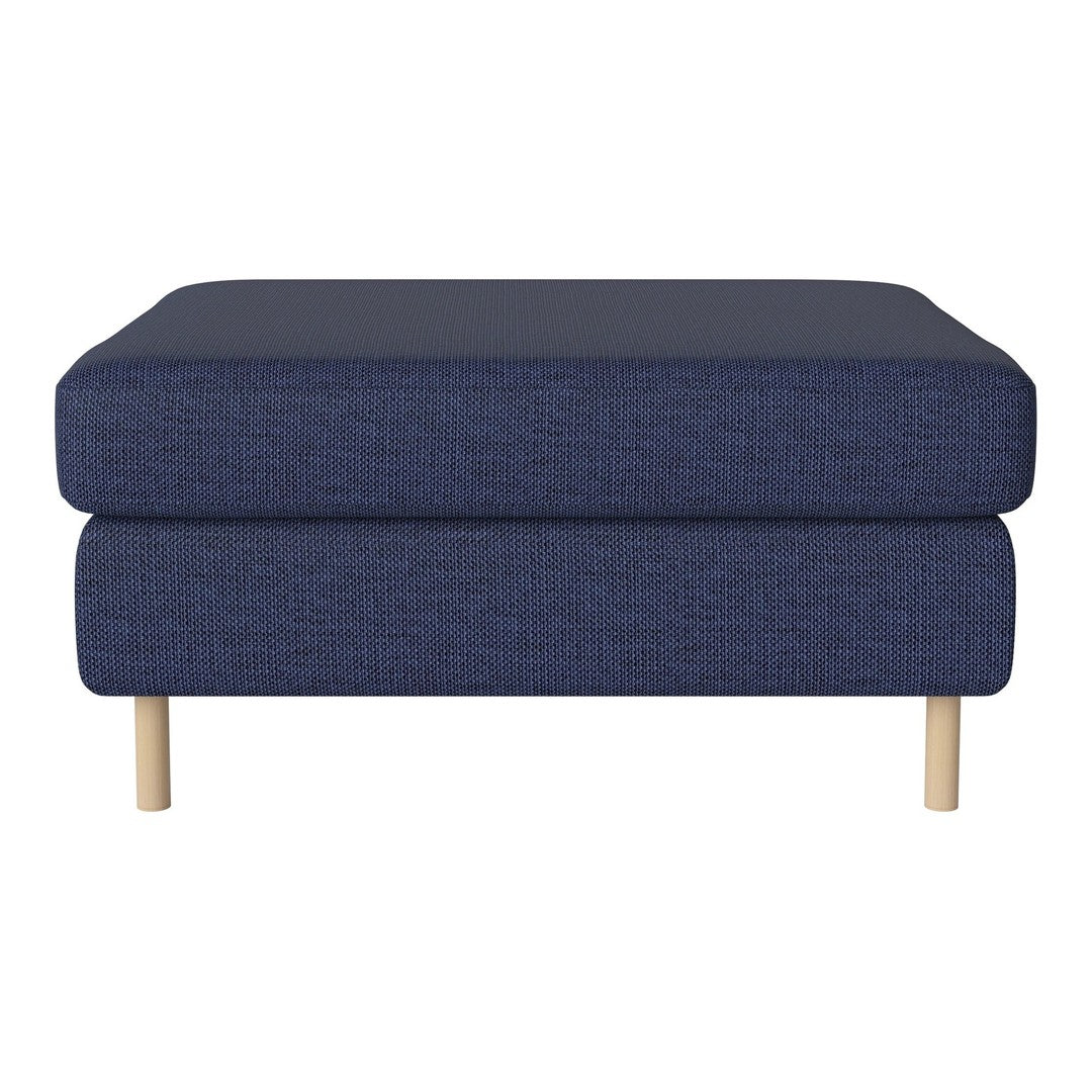 Navy blue upholstered ottoman with a sleek, minimalist design and light wooden legs. Perfect for modern decor.