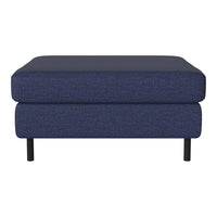 Navy blue upholstered ottoman with a textured pattern and sleek black legs. Ideal for modern living spaces.
