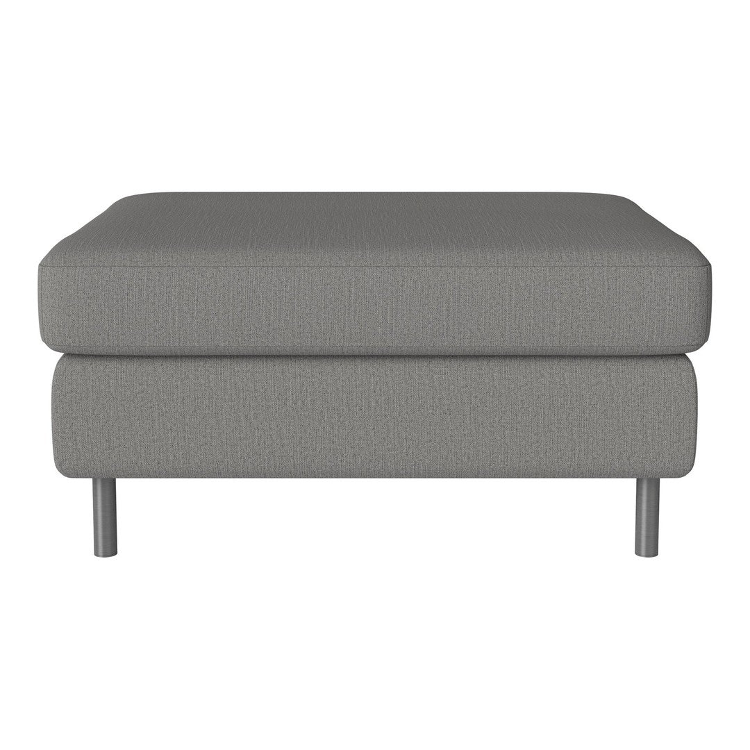 Gray textured ottoman with a minimalist design and sleek metal legs, perfect for modern interiors.
