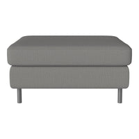 Gray textured ottoman with a minimalist design and sleek metal legs, perfect for modern interiors.