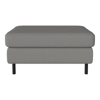 Gray upholstered ottoman with a textured pattern and black metal legs, ideal for modern living spaces.