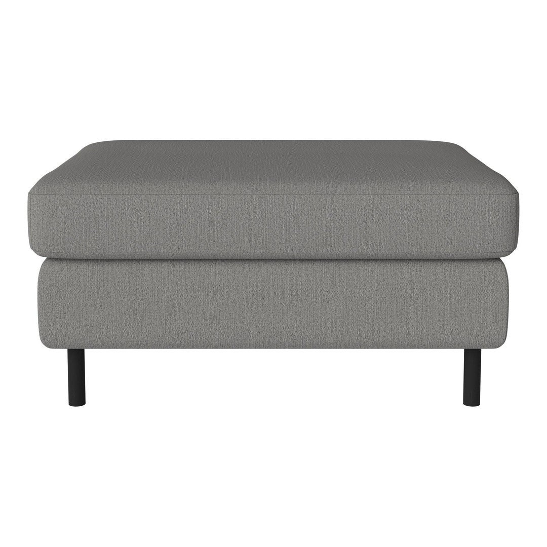 Gray upholstered ottoman with a textured pattern and sleek black legs. Perfect for modern living spaces.