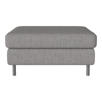 Gray fabric ottoman with a smooth texture and minimalist design, featuring subtle patterns, elevated on silver legs.