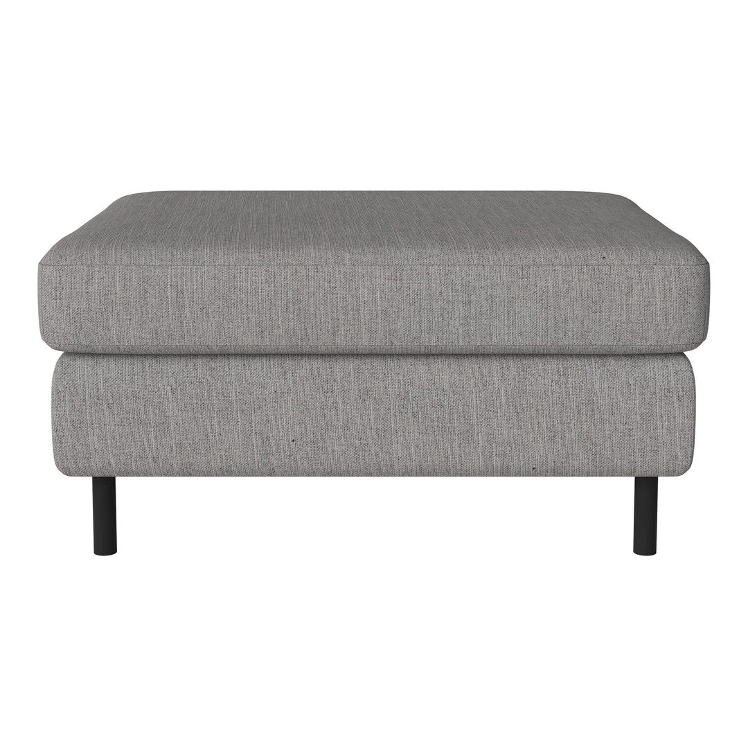 Gray upholstered ottoman with a subtle textured pattern and black metal legs, perfect for any modern decor.